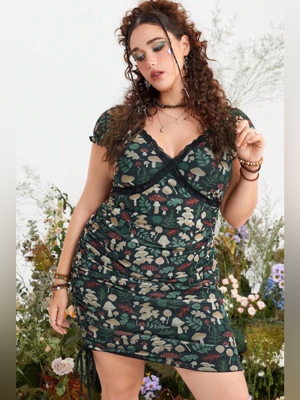Fairycore Mushroom Print Drawstring Ruched Mini Dress Forest Garden Size XL
